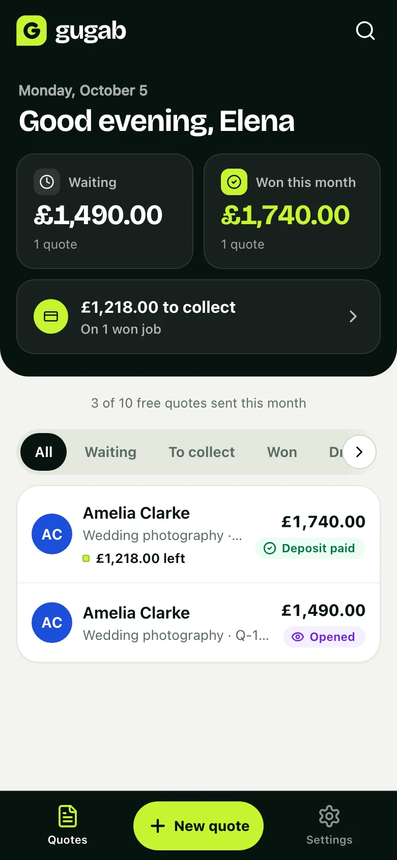 The business's home screen: quotes waiting, won this month, money to collect and the list of quotes
