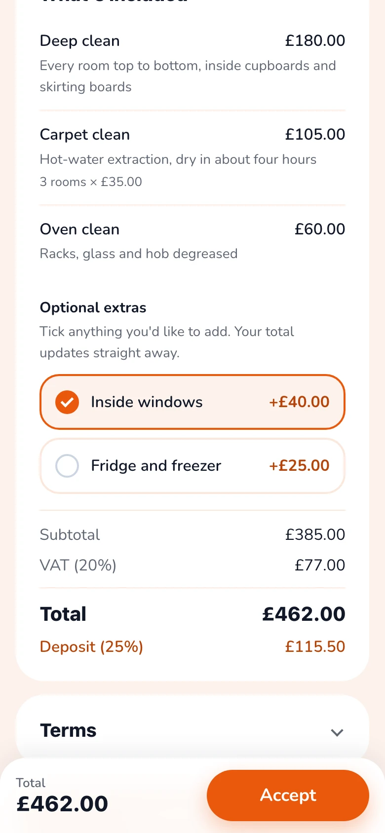 The customer's phone: an optional extra ticked and the total updated