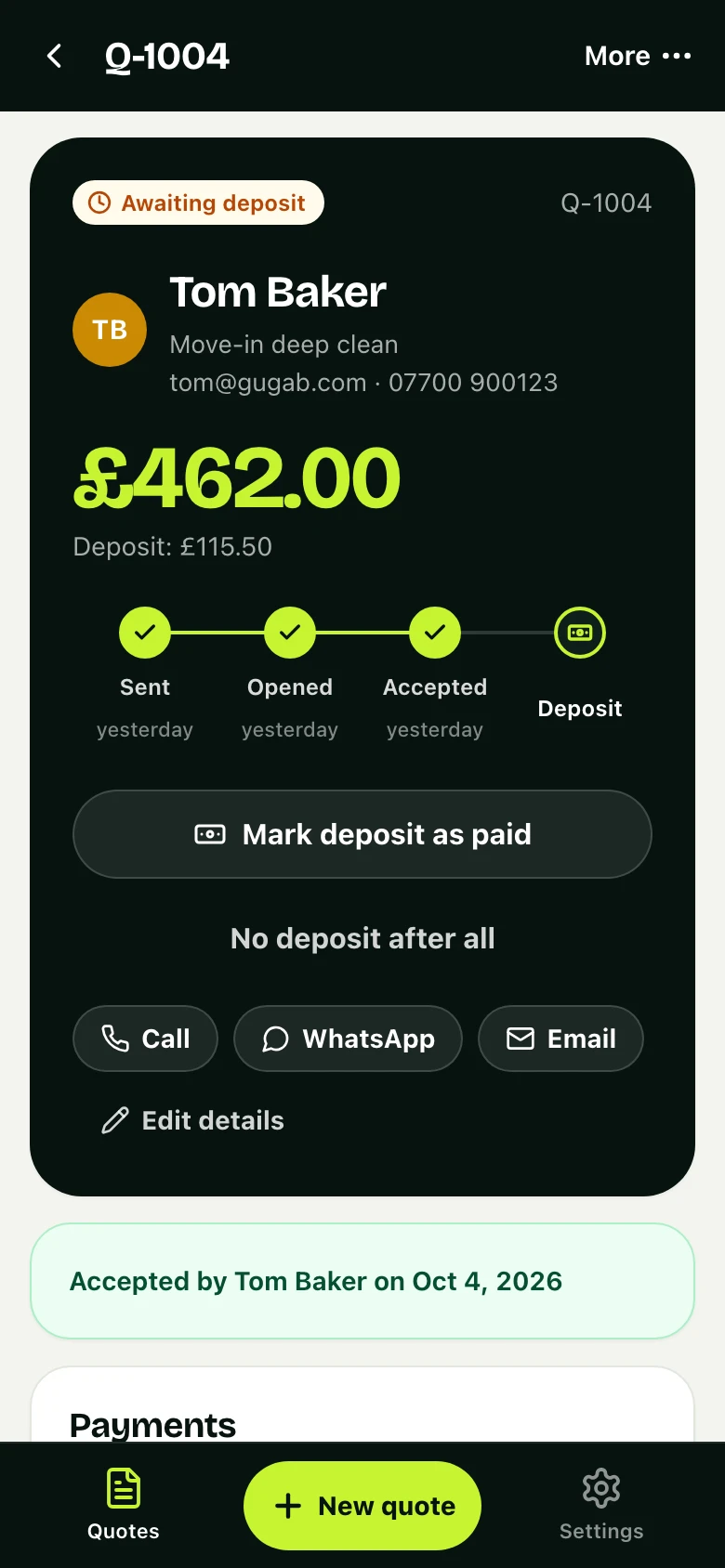The same quote in the app, accepted and awaiting its deposit