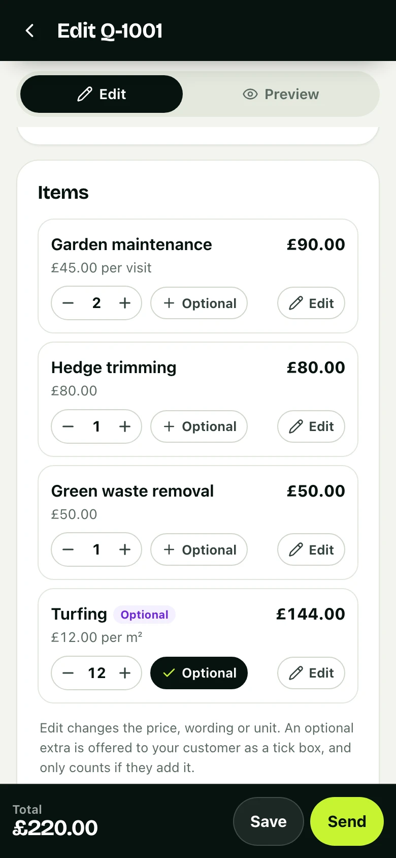 You price it in the garden: the quote being priced in the app