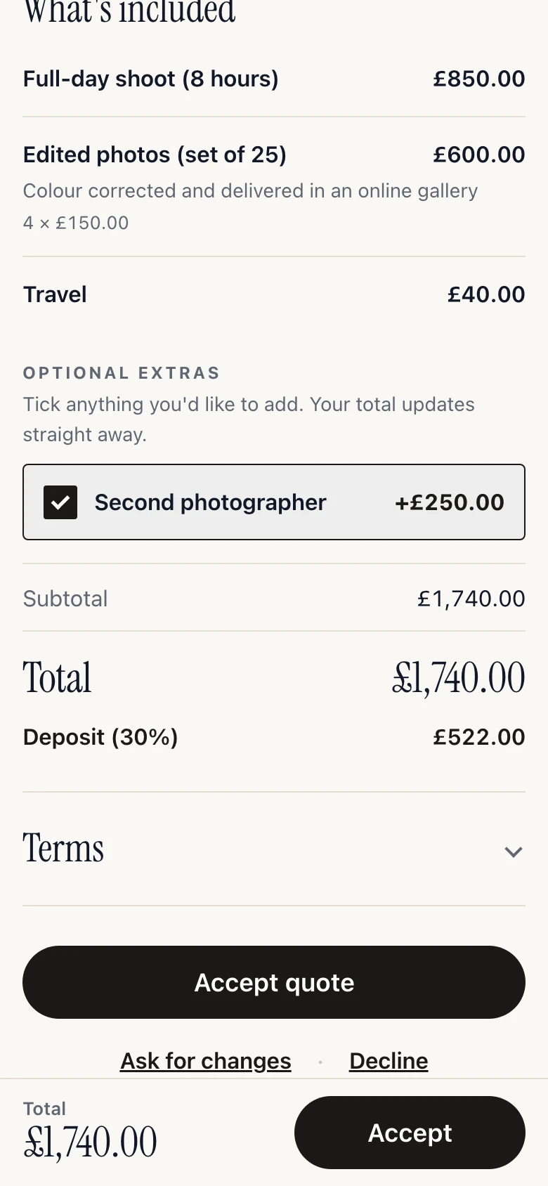 They add a second shooter: the customer has ticked an optional extra and the total has updated