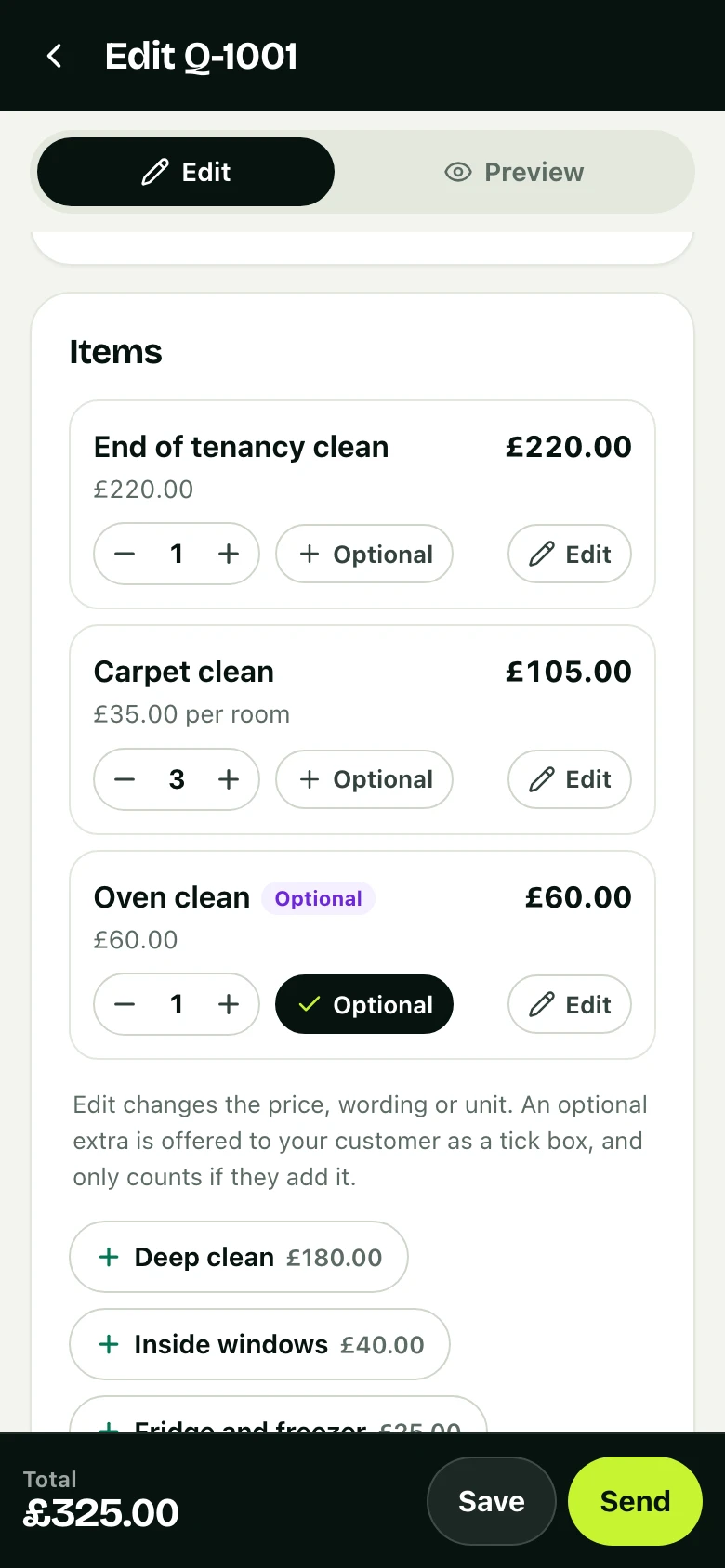 You price it: the quote being priced in the app