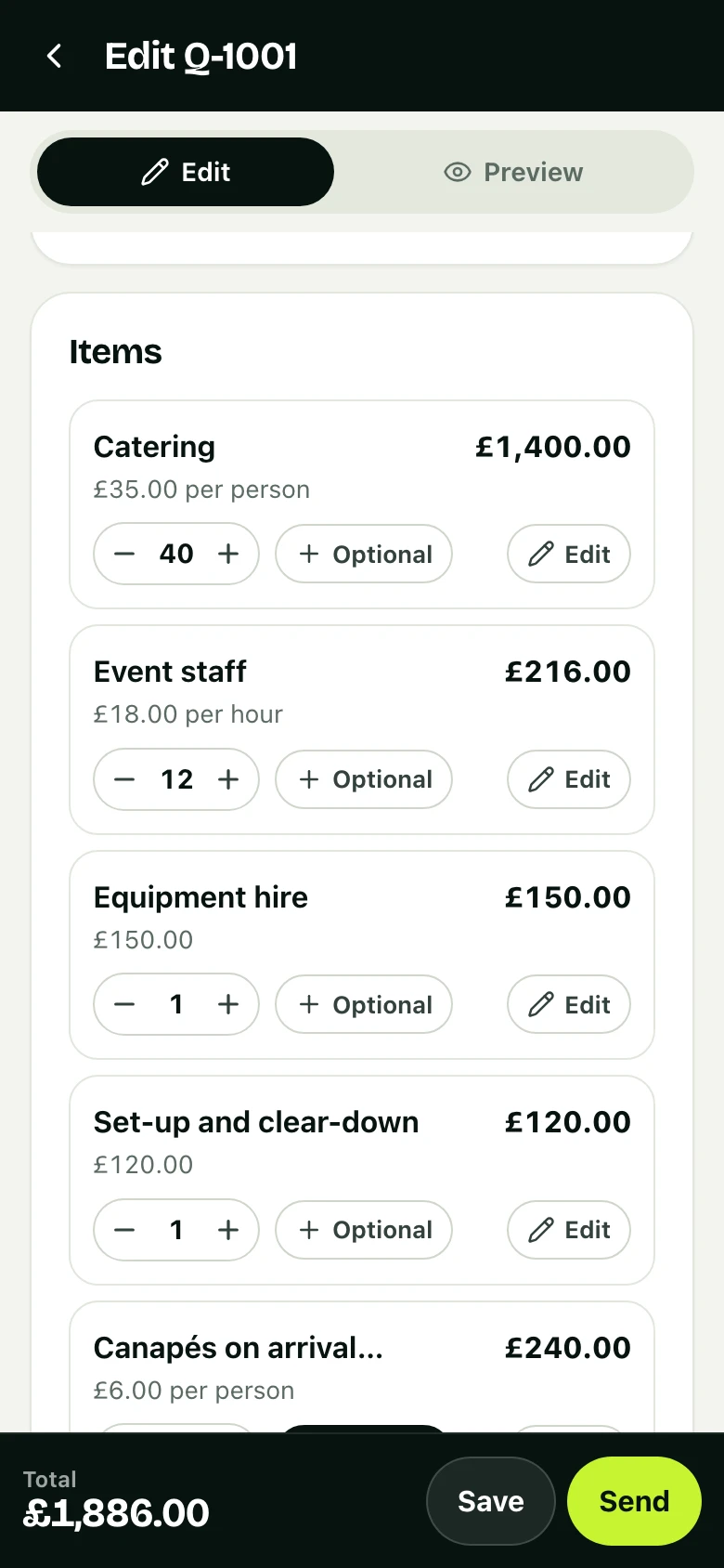 You price the event: the quote being priced in the app