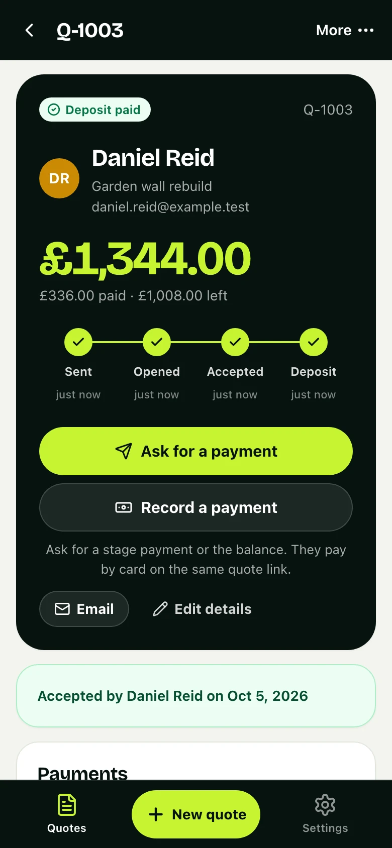 The same job in the business's app: accepted, deposit paid, what is left, and a button to ask for the next payment