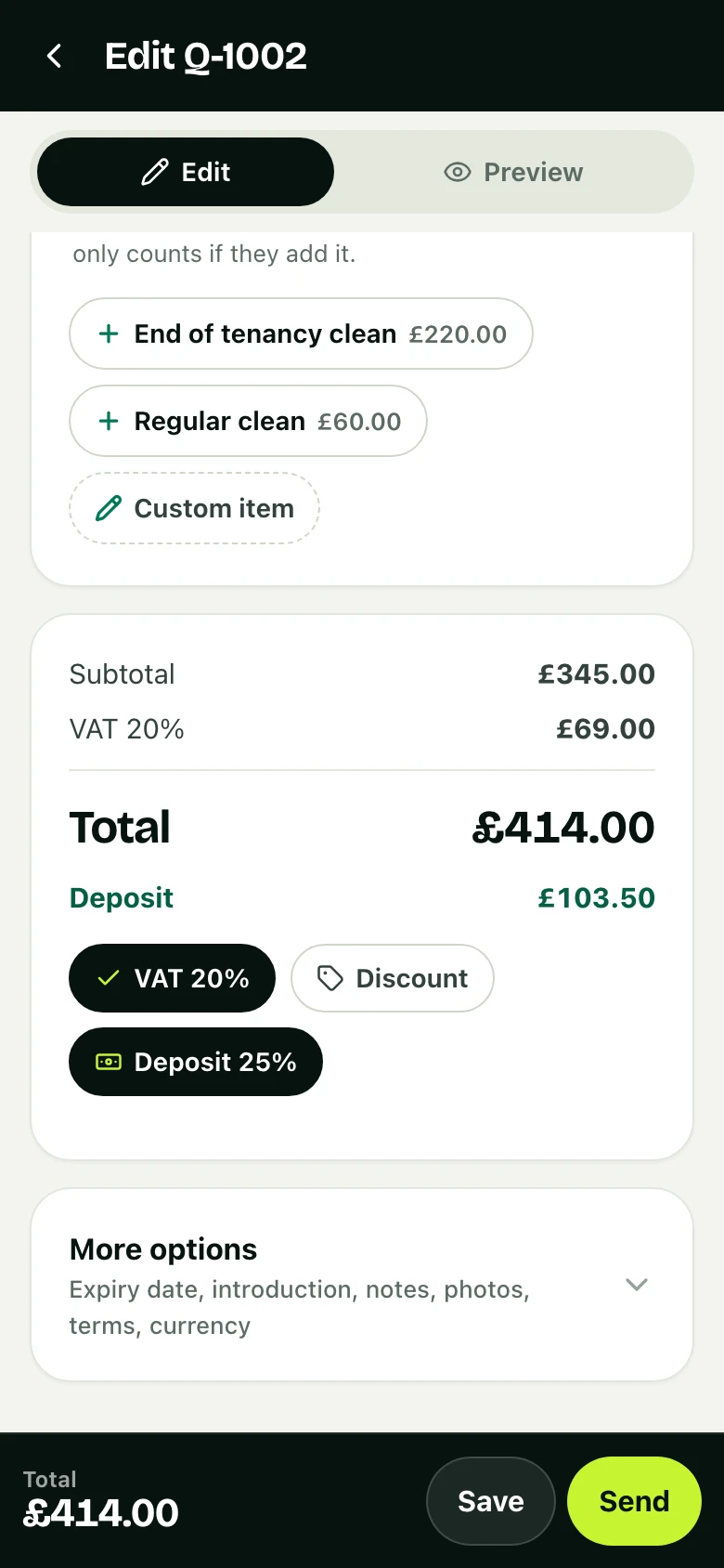 The quote editor's totals with VAT and a 25% deposit switched on