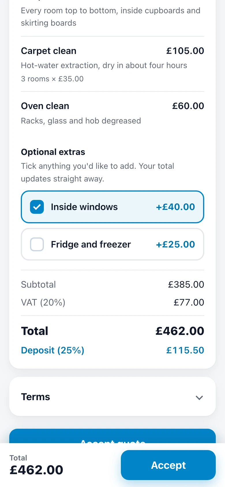 The quote as the customer sees it: an optional extra ticked, the total updated and an Accept button