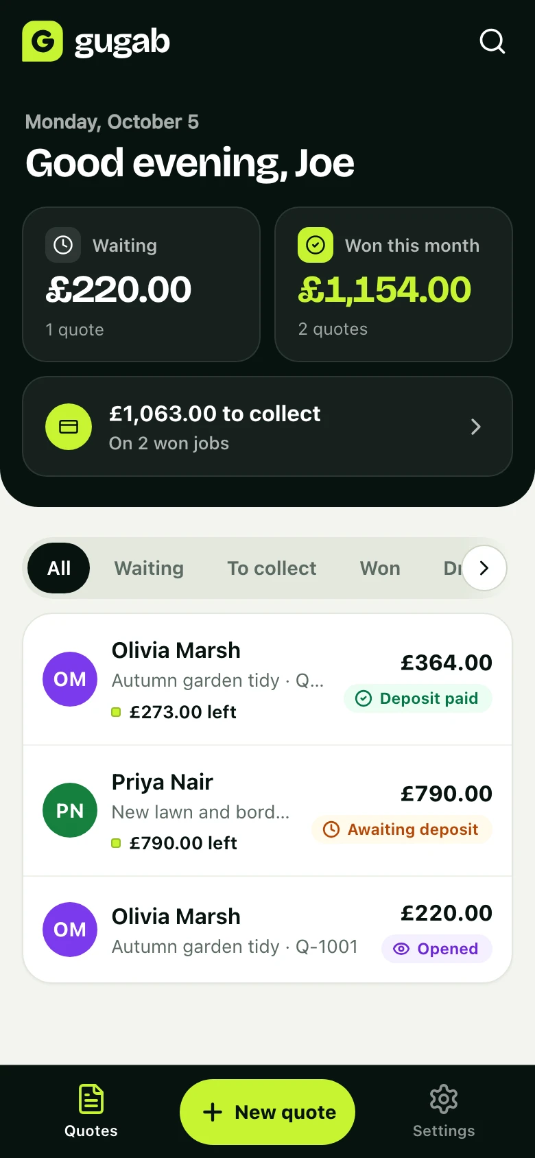 The business's home screen: quotes waiting, won this month, money to collect and the list of quotes