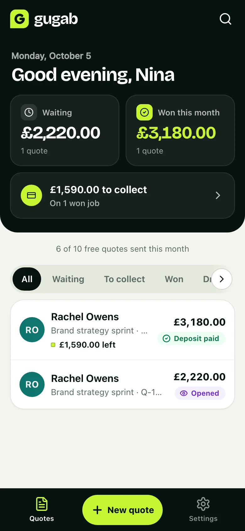 The business's home screen: quotes waiting, won this month, money to collect and the list of quotes
