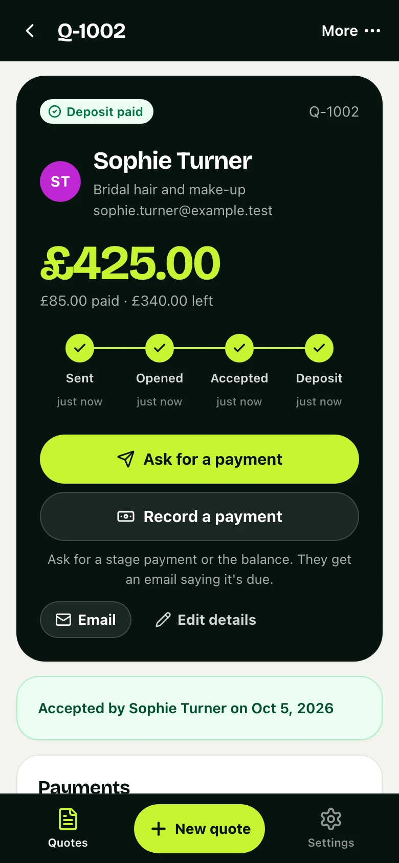 The same job in the business's app: accepted, deposit paid, what is left, and a button to ask for the next payment