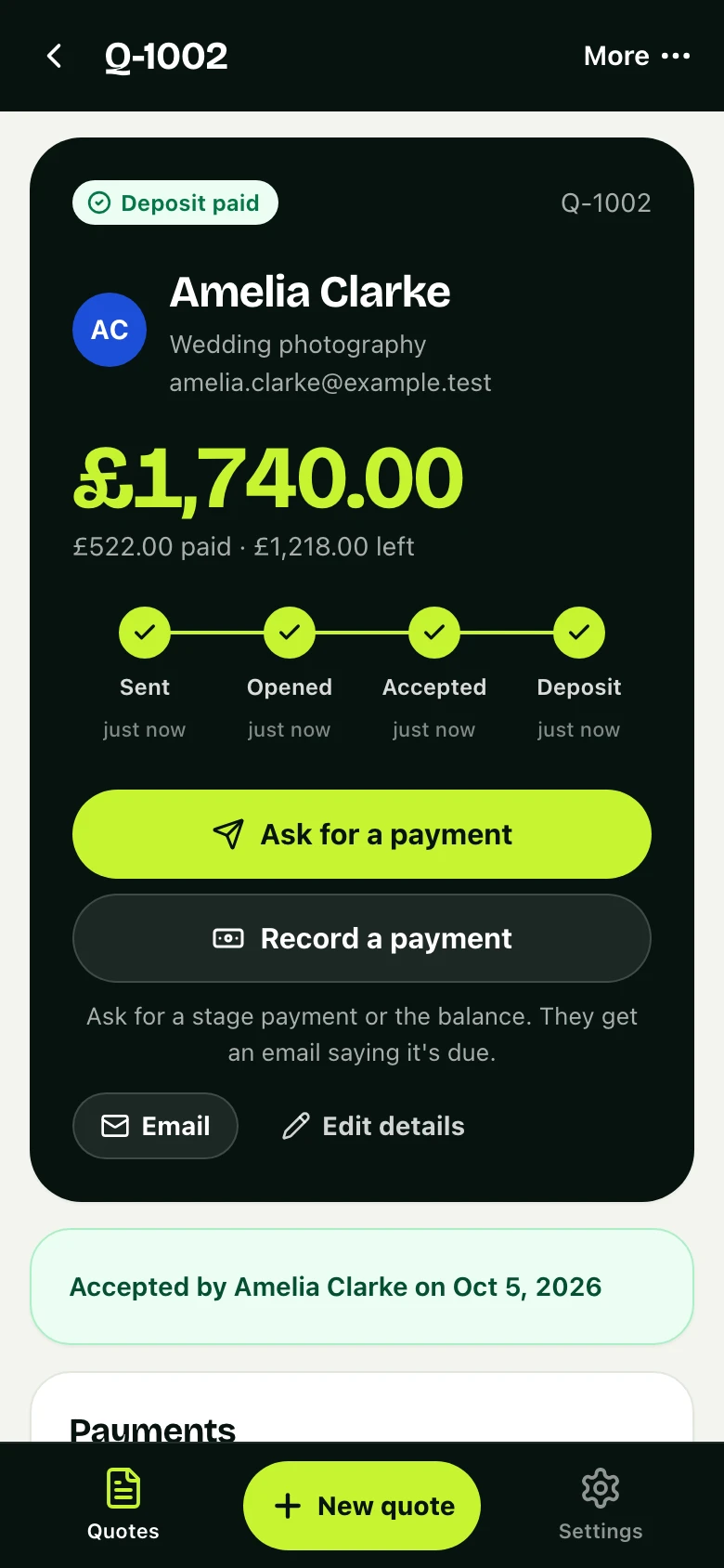 The same job in the business's app: accepted, deposit paid, what is left, and a button to ask for the next payment