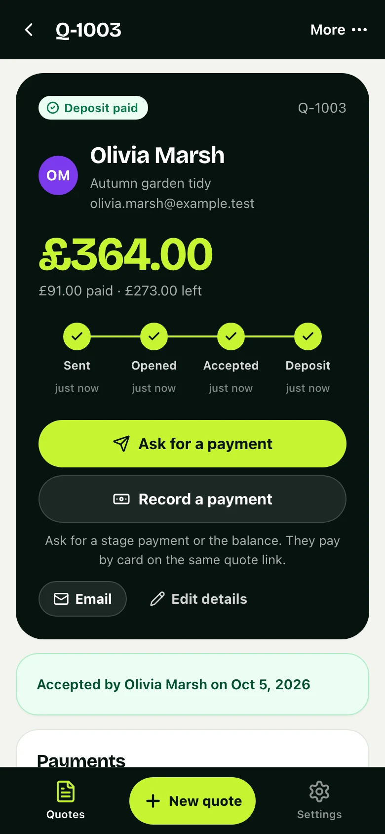The same job in the business's app: accepted, deposit paid, what is left, and a button to ask for the next payment