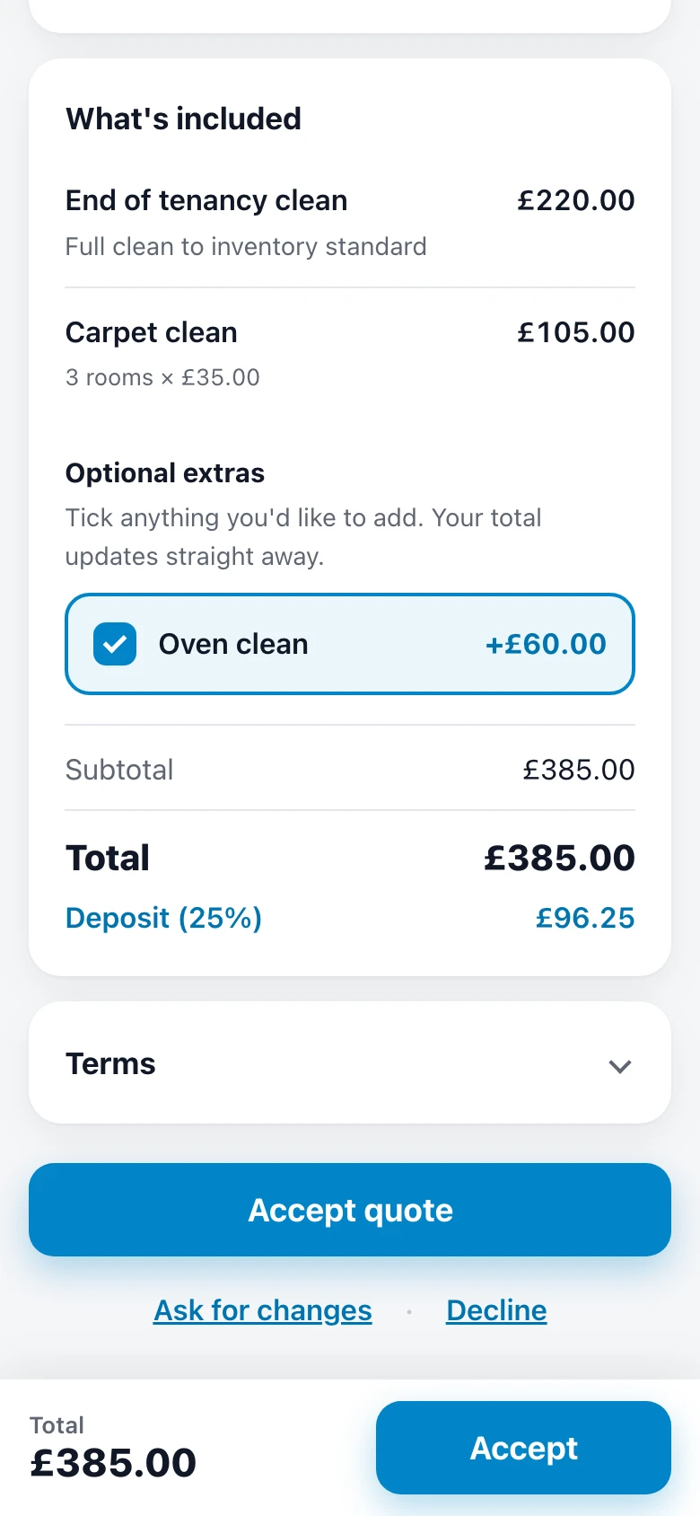 They add the oven: the customer has ticked an optional extra and the total has updated