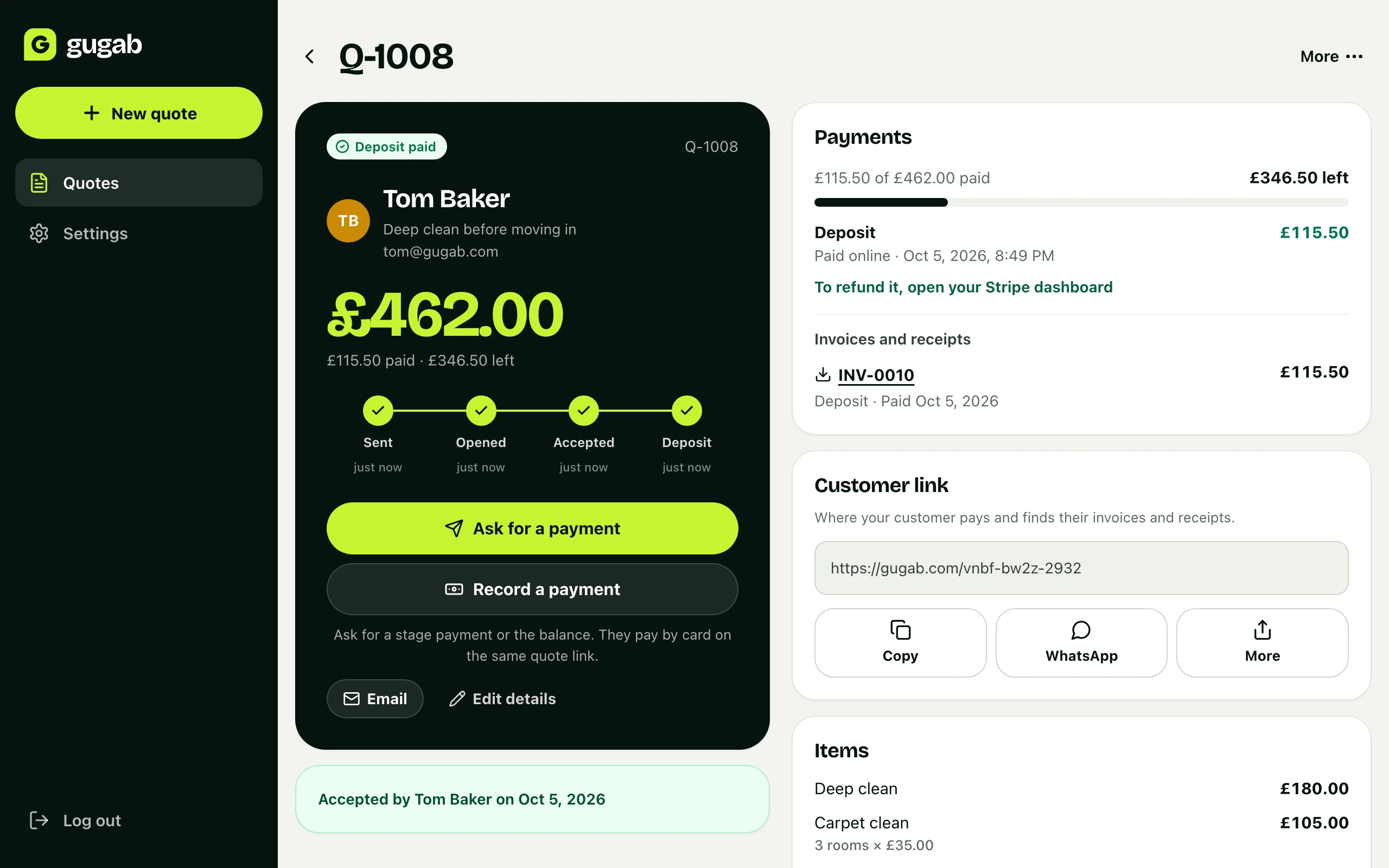 The business's view of the quote: the deposit paid and every step ticked off