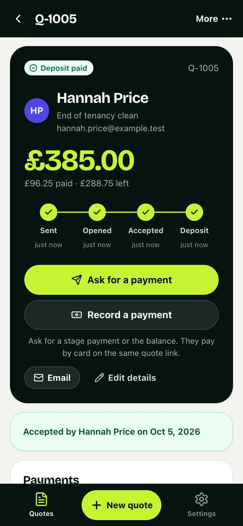 The same job in the business's app: accepted, deposit paid, what is left, and a button to ask for the next payment