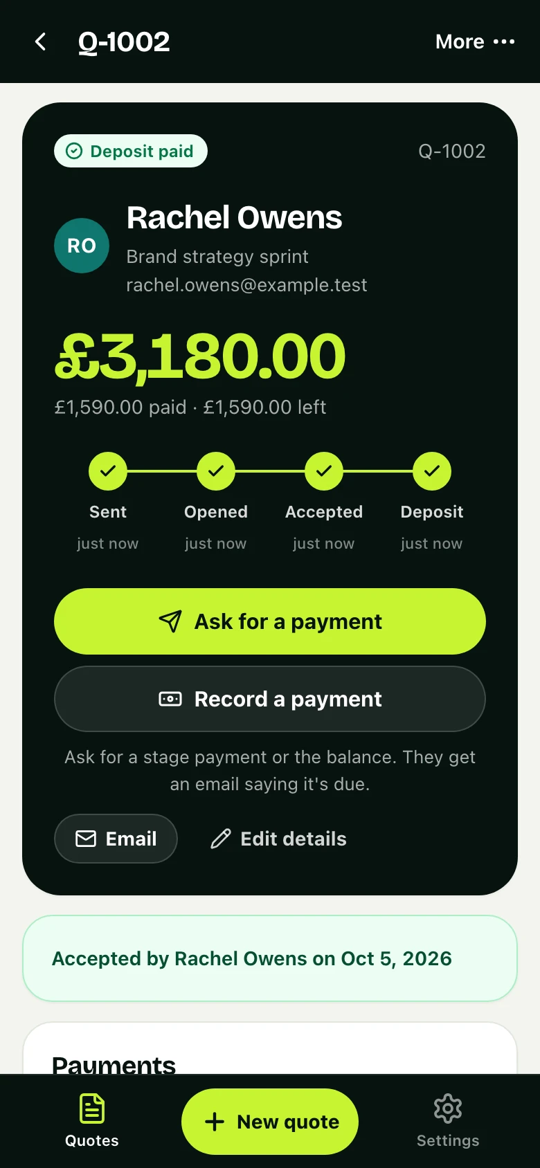 The same job in the business's app: accepted, deposit paid, what is left, and a button to ask for the next payment