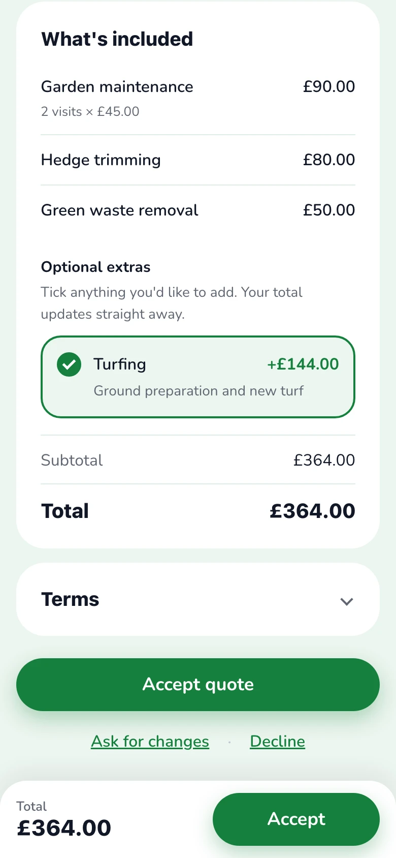 They add the turf: the customer has ticked an optional extra and the total has updated