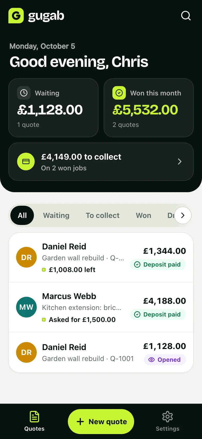 The business's home screen: quotes waiting, won this month, money to collect and the list of quotes