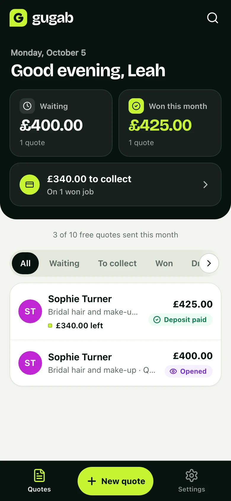 The business's home screen: quotes waiting, won this month, money to collect and the list of quotes
