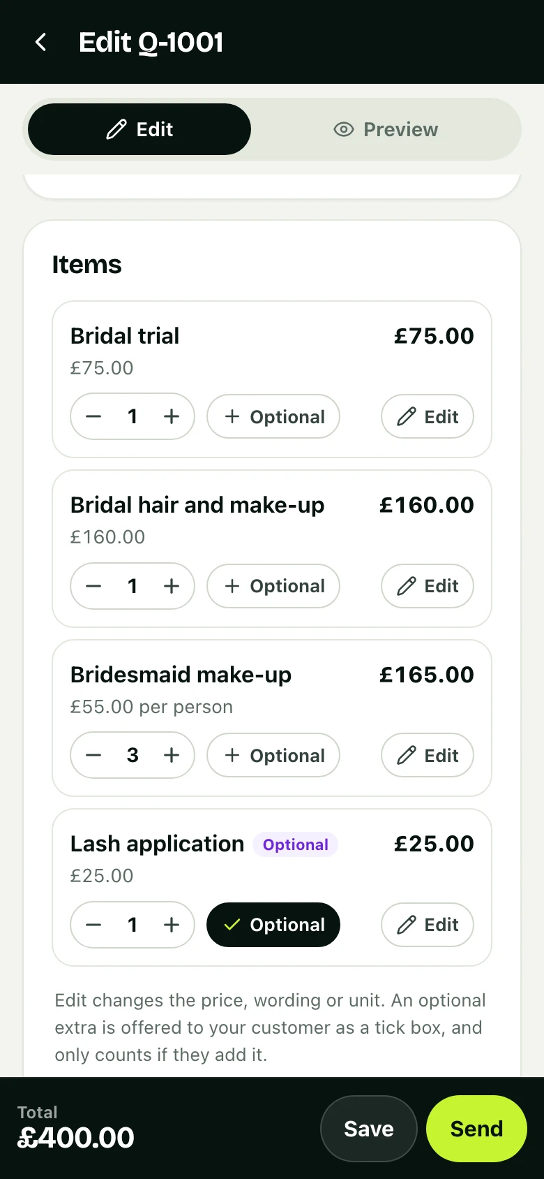 You price the party: the quote being priced in the app