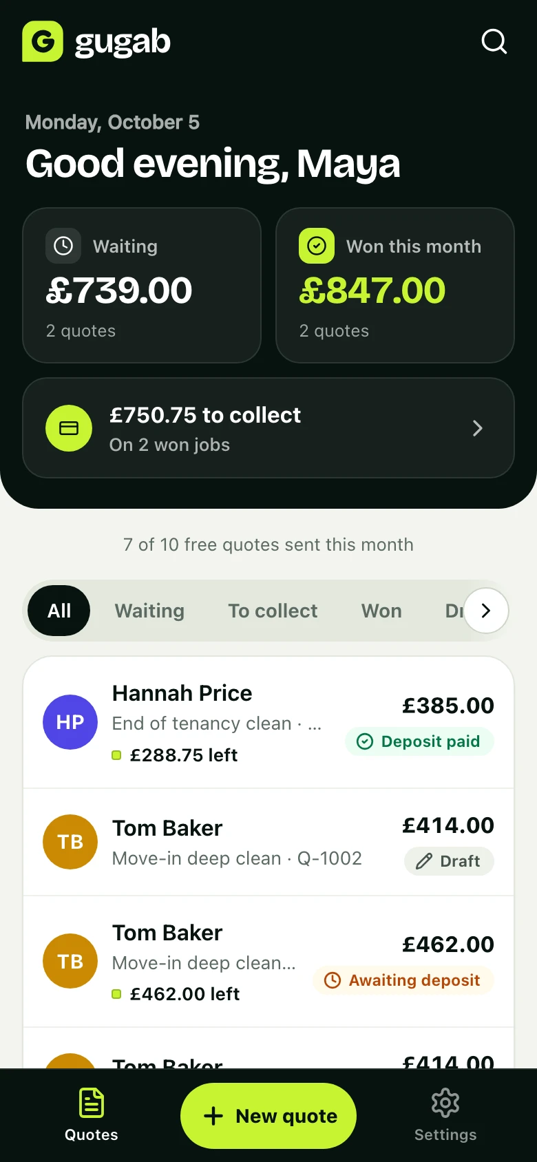 The business's home screen: quotes waiting, won this month, money to collect and the list of quotes