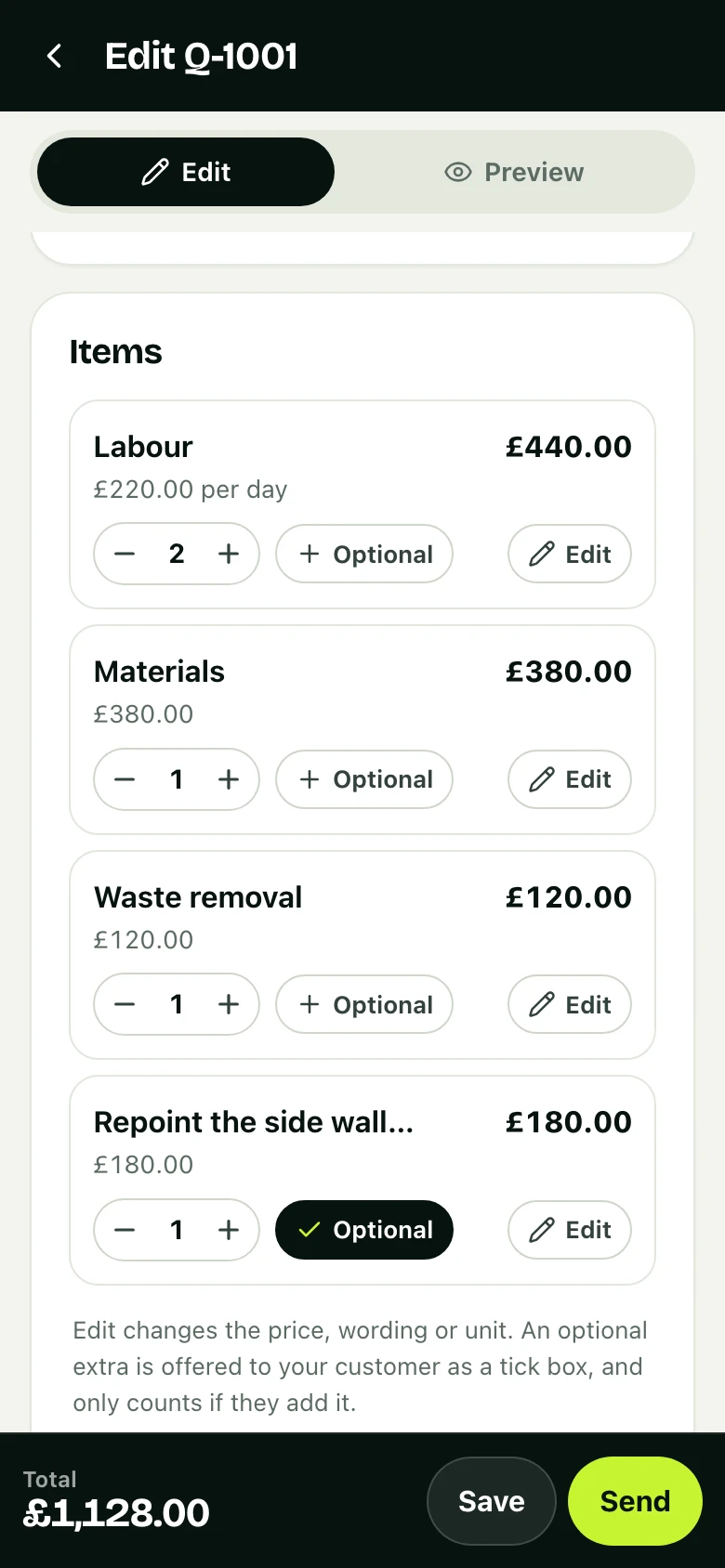 You price it on site: the quote being priced in the app