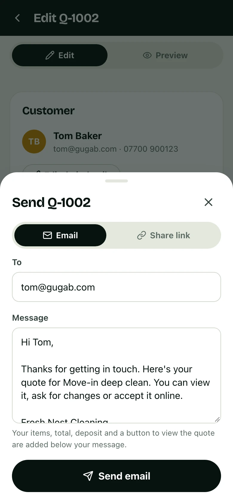 The send screen with a message to the customer