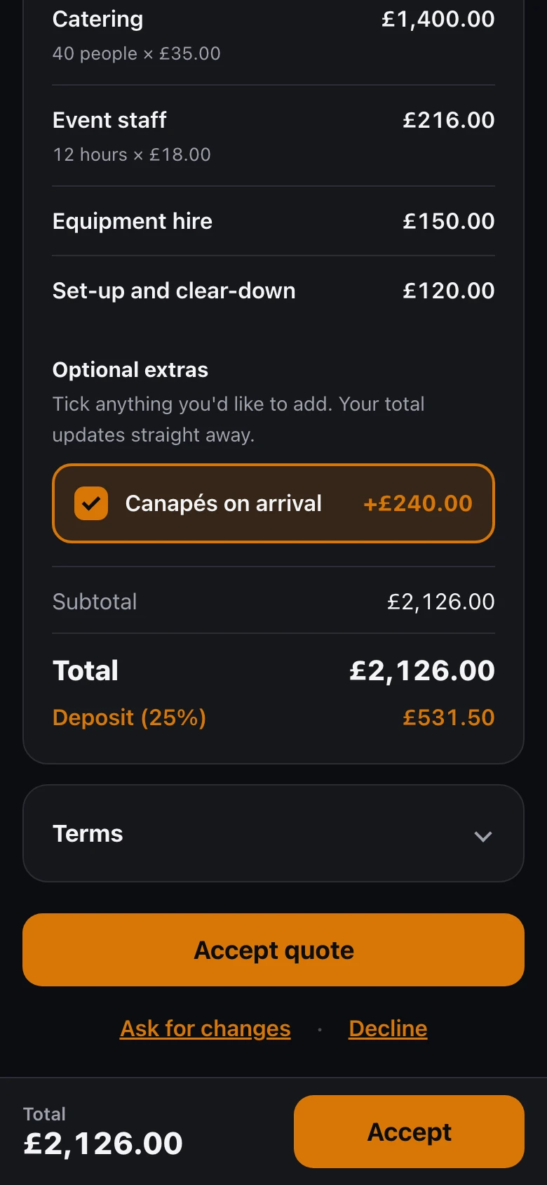 They add canapés: the customer has ticked an optional extra and the total has updated