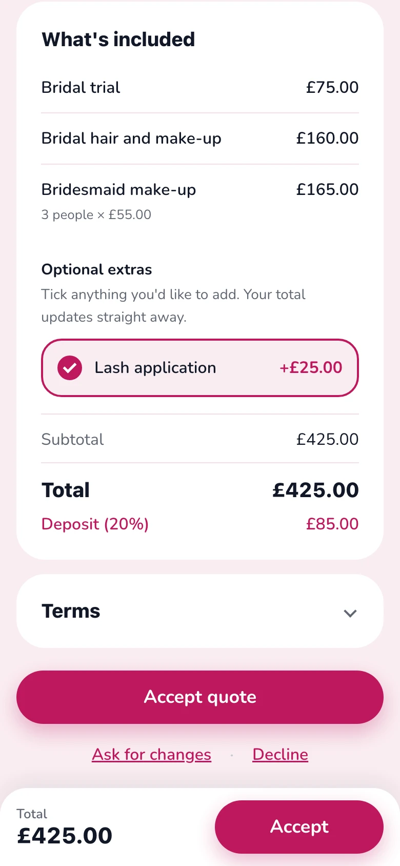 They add lashes: the customer has ticked an optional extra and the total has updated