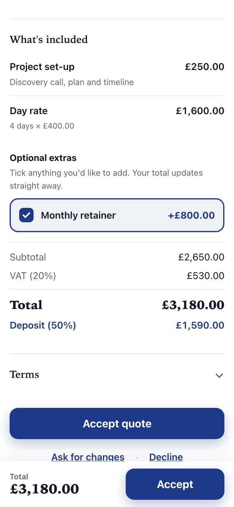 They add the retainer: the customer has ticked an optional extra and the total has updated