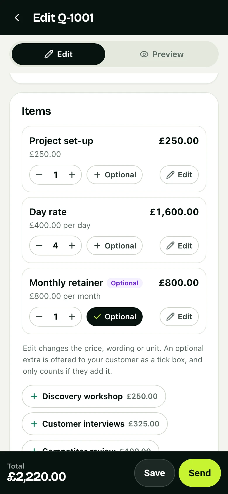 You scope it: the quote being priced in the app