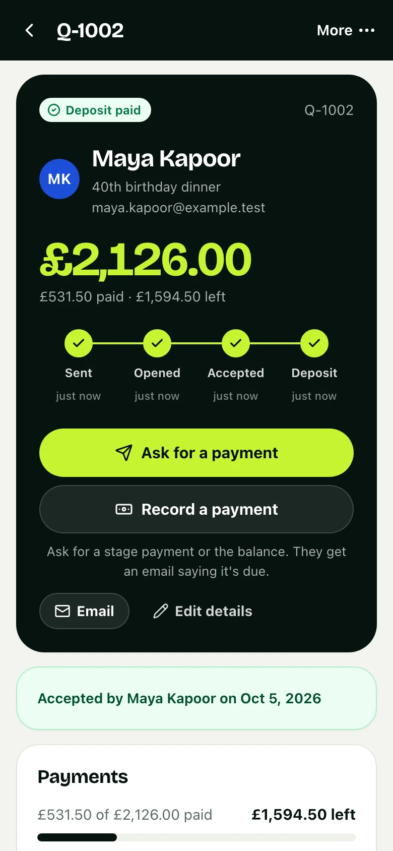 The same job in the business's app: accepted, deposit paid, what is left, and a button to ask for the next payment