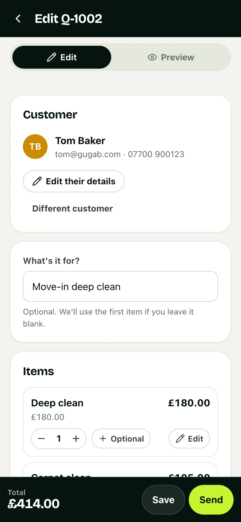 The quote editor: a customer, the job and tappable services with prices