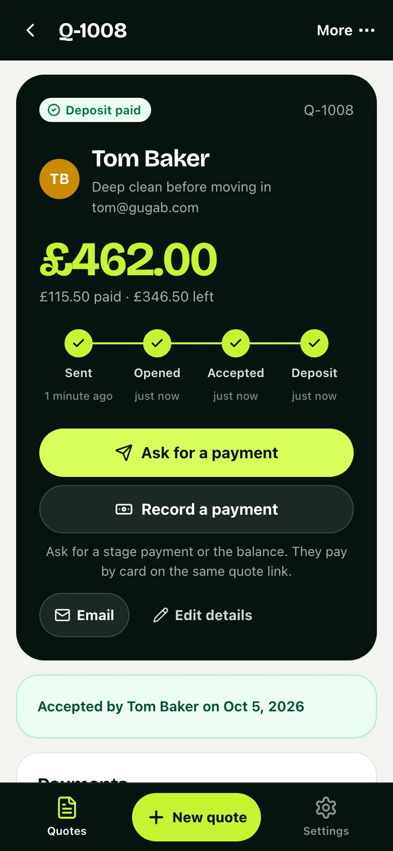 The quote in the app on a phone: every step ticked off and the deposit paid