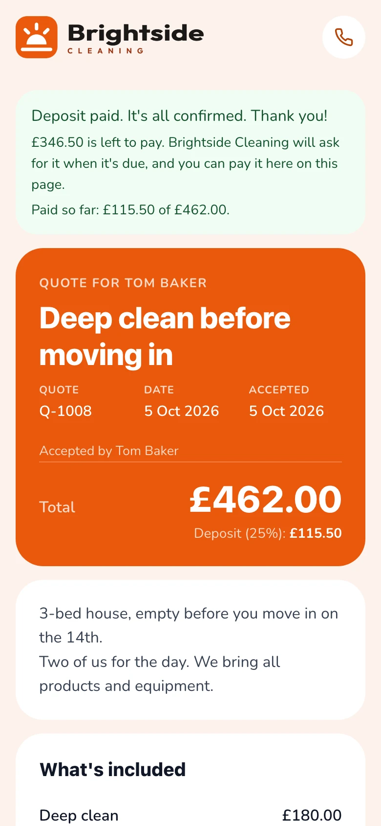 The customer's phone: the deposit paid by card, and everything confirmed