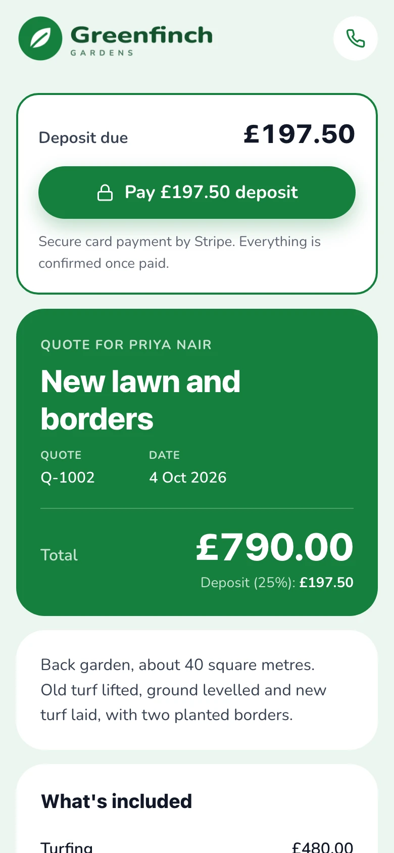 A gardener's customer after accepting: the deposit due and a button to pay it by card