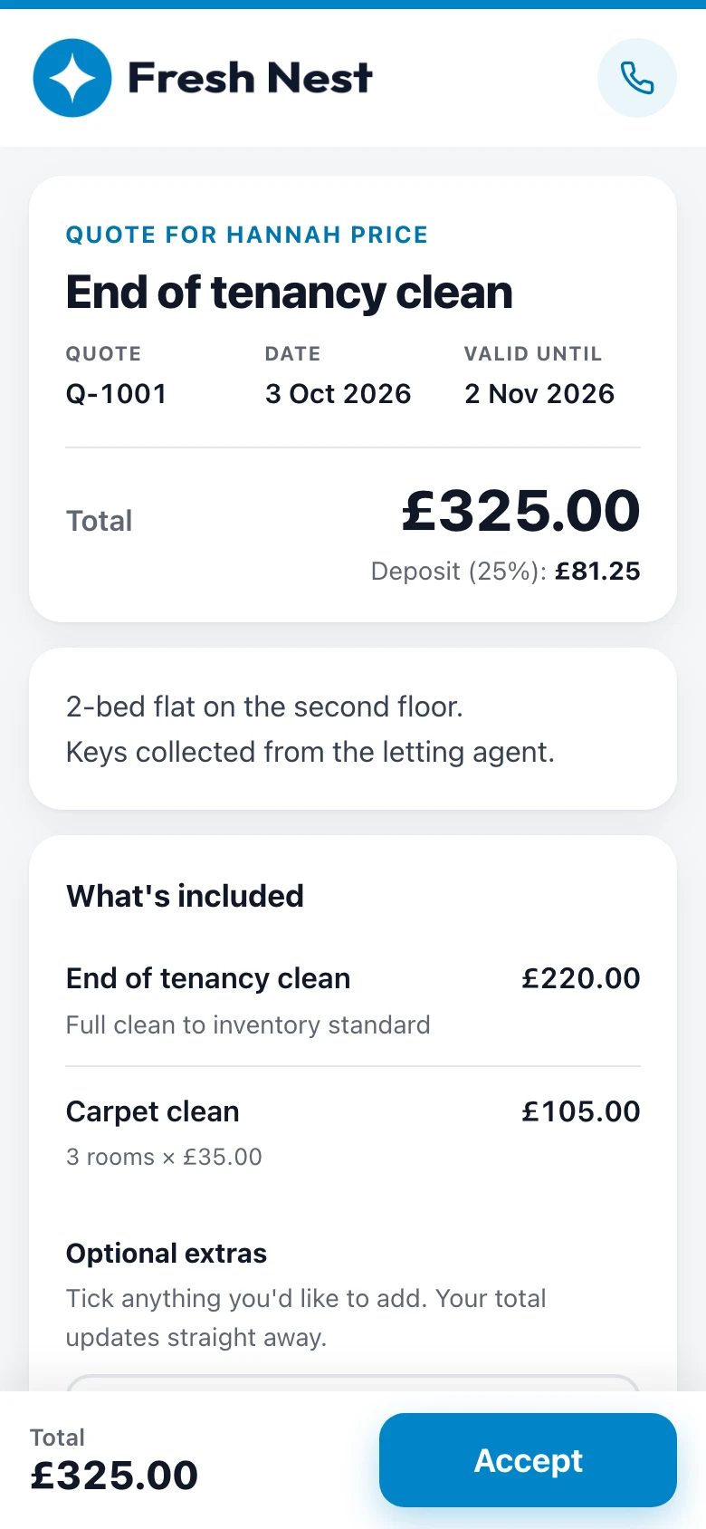 Example quote: Fresh Nest Cleaning, in the Clean design, on a phone