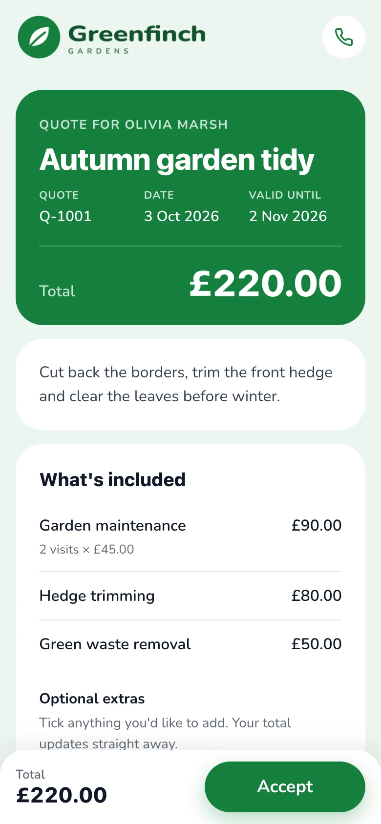 Example quote: Greenfinch Gardens, in the Soft design, on a phone