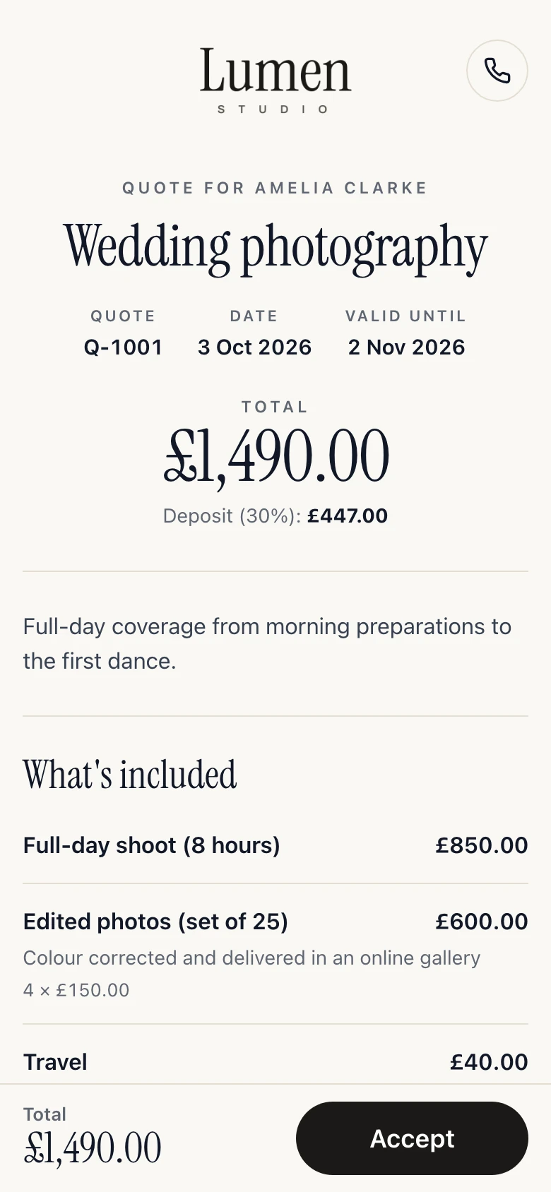 Example quote: Lumen Studio, in the Studio design, on a phone