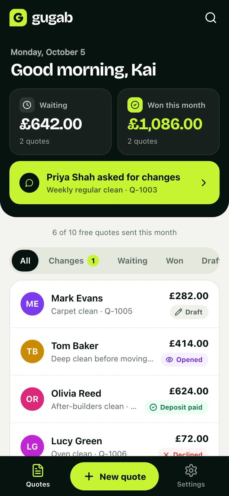 The same app on a phone: waiting and won totals, a customer who asked for changes, and the list of quotes