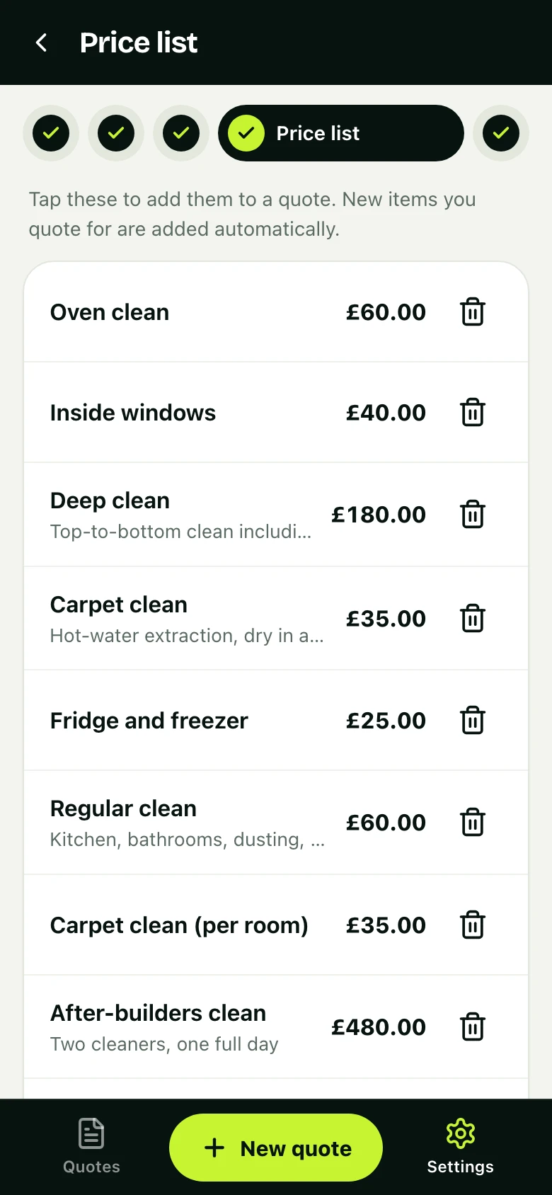 The price list in the app, filled with cleaning services and prices