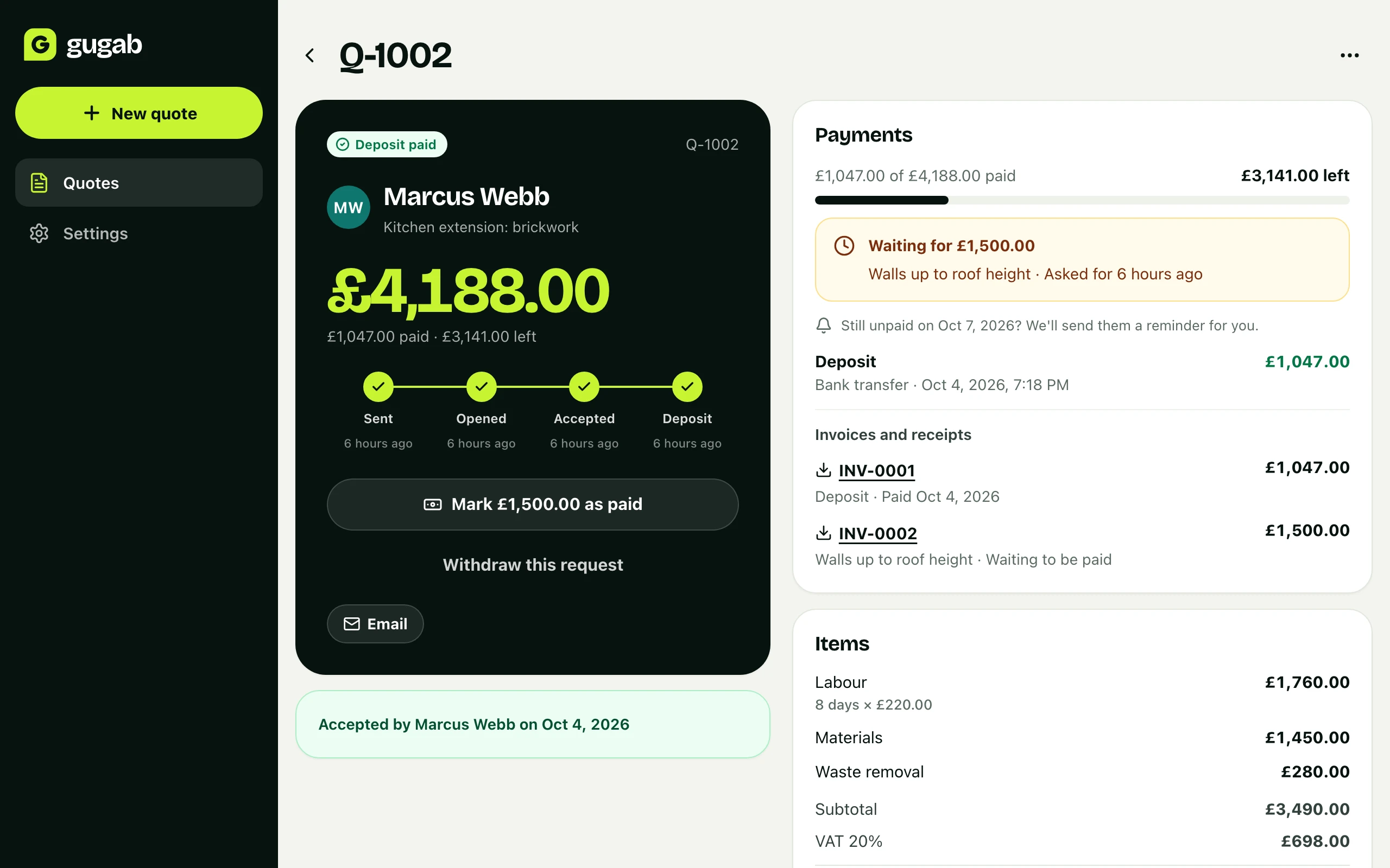 A builder's job on a laptop: the deposit paid, the next stage asked for, how much is left and when a reminder goes out