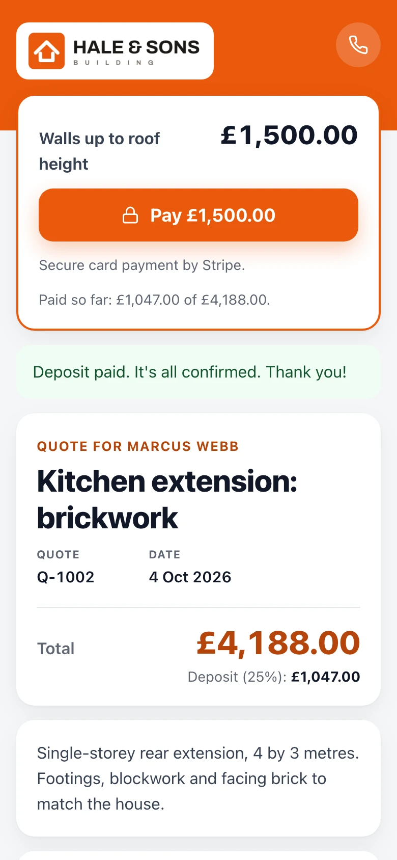 The customer's phone: the stage payment due, what has been paid so far and a button to pay by card