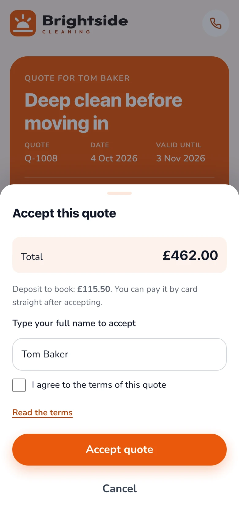 The customer's phone: accepting the quote by typing their name
