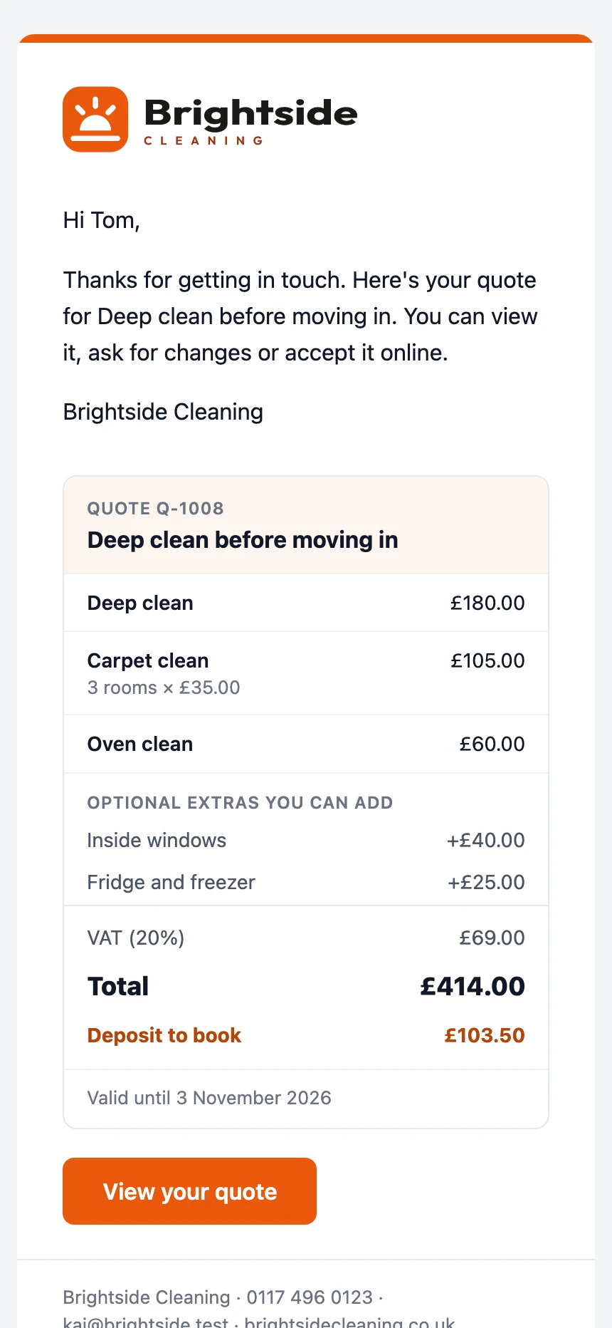 The email the customer receives: the items, the total and a button to view the quote