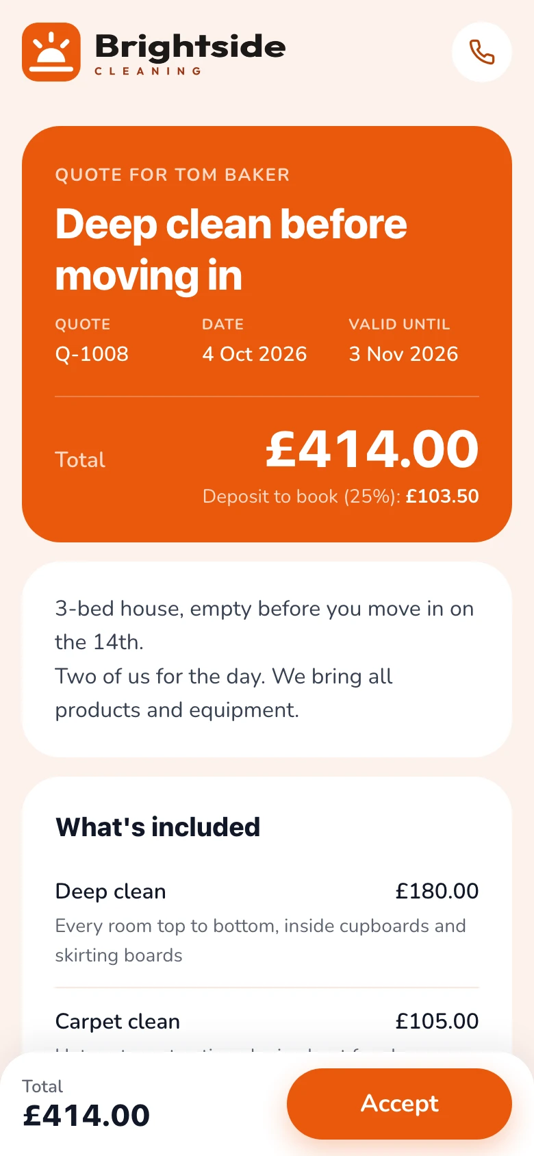The preview on a phone: the quote as the customer will see it